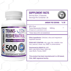 MAAC10 Trans Resveratrol bottle nutrition facts panel close-up.