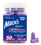 Mack's Slim Fit earplugs in packaging highlight small diameter for sensitive ears.