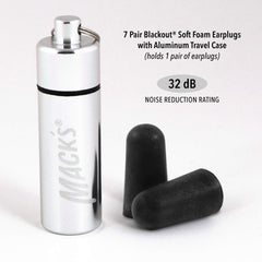 Mack's Blackout earplugs with aluminum travel case keeps clean storage on the go