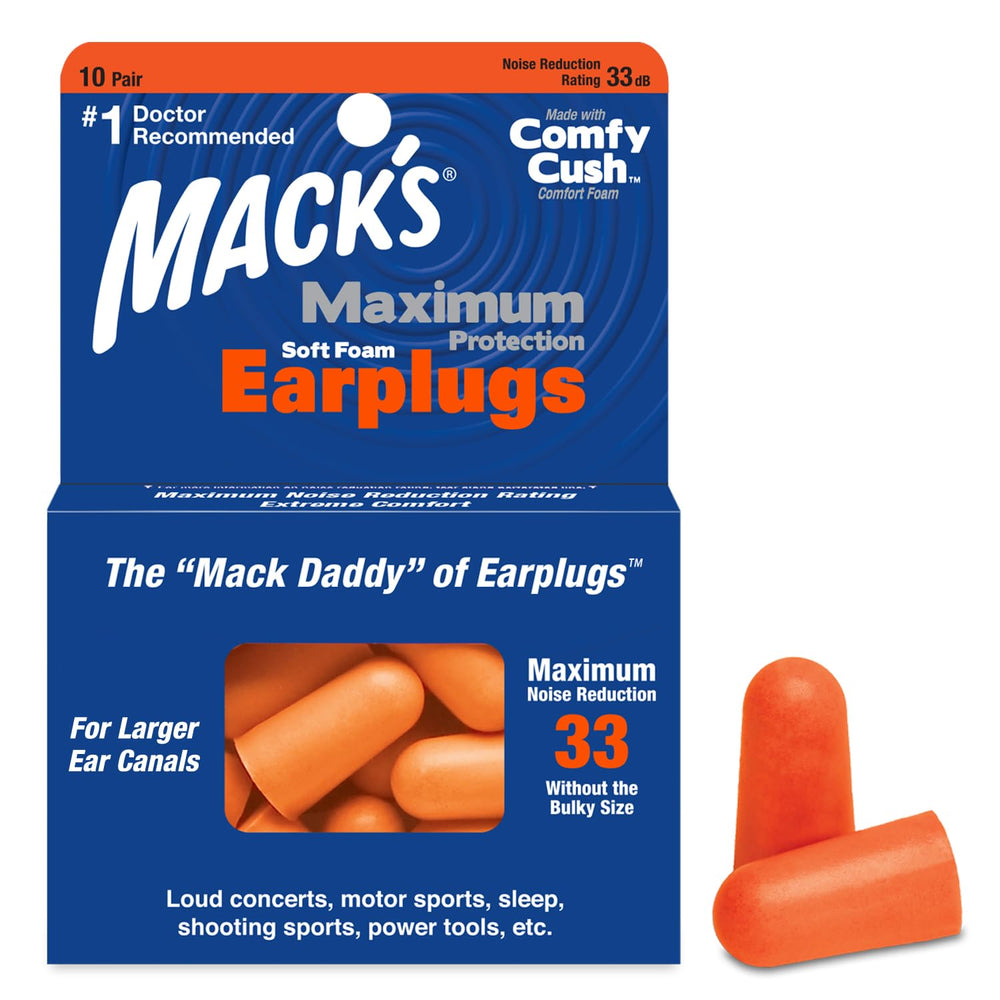 Mack's Maximum Protection earplugs close-up showing Comfy Cush foam for strong noise reduction