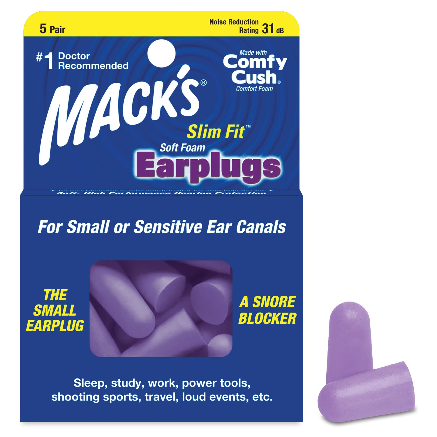 Mack's Slim Fit earplugs with small diameter for comfortable sleep.