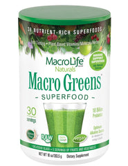 MacroLife Naturals Macro Greens powder tub front with 38-in-1 formula showing daily greens boost