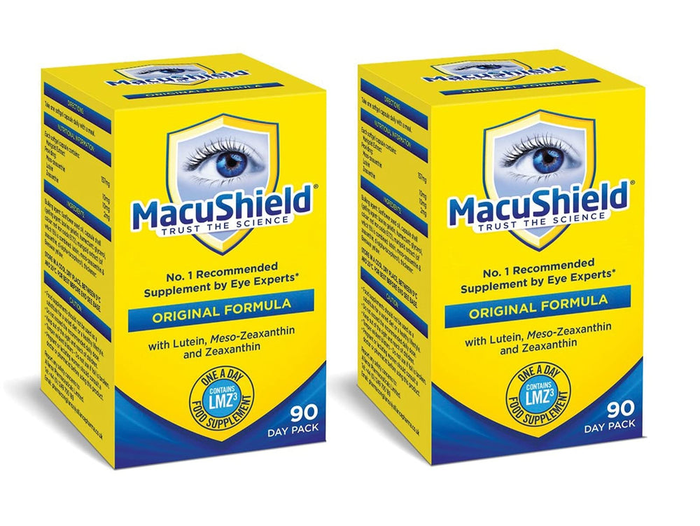 MacuShield bottle front view with two-pack packaging for convenient daily use.