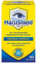 MacuShield eye supplement bottle back shows dosage and care information for easy use.