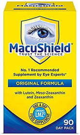 MacuShield eye supplement bottle front view for daily routine convenience.