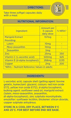 MacuShield Gold ingredients chart shows lutein, zeaxanthin, meso-zeaxanthin and zinc for eye health