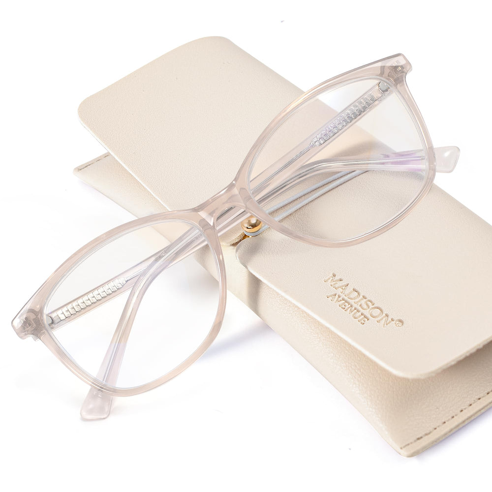 Madison Avenue TR90 glasses nude pink packaging, premium gift-ready presentation.