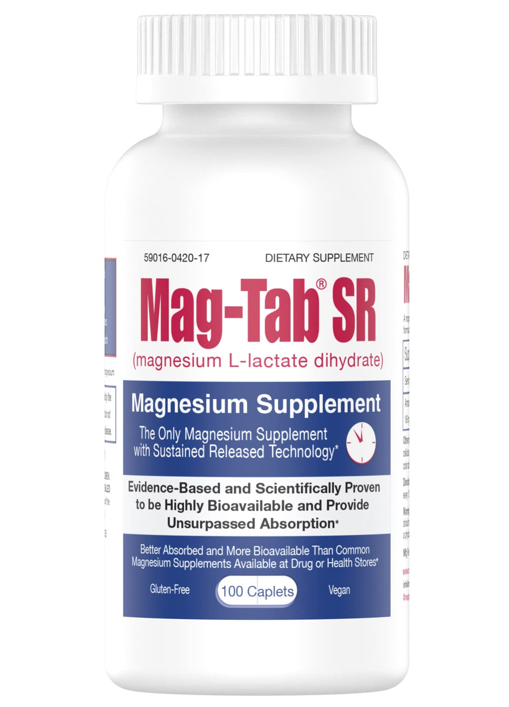 MAG-TAB SR bottle front shows sustained release for steady magnesium support.
