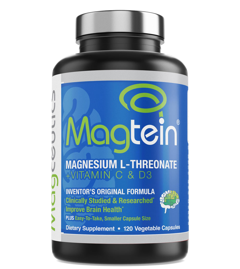 Magceutics Magtein bottle cap close-up showing easy-to-swallow capsules for daily cognitive support
