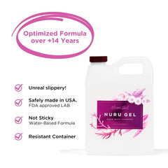 Magic Gel Nuru clear formula highlights fragrance-free application for sheet-safe massages.