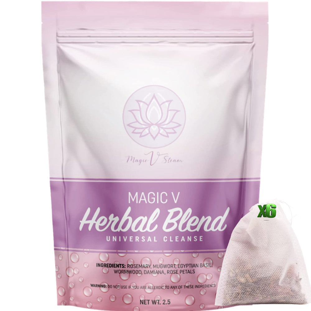 Magic V Steam herbs mugwort-rose closeup for calming self-care rituals.