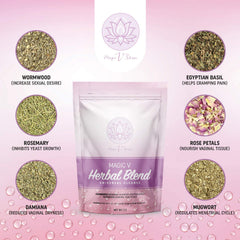 Magic V Steam herbs-rose-basil-motherwort blend displayed for balanced monthly care.