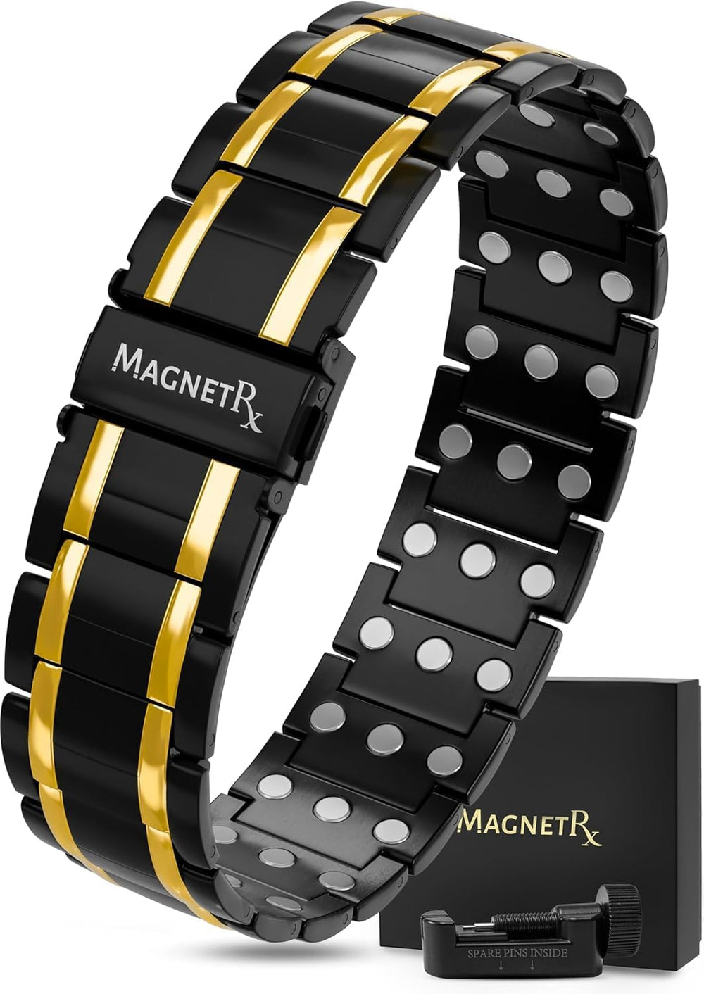 MagnetRX 3X Strength Titanium Magnetic Bracelet front view showing adjustable, secure wear