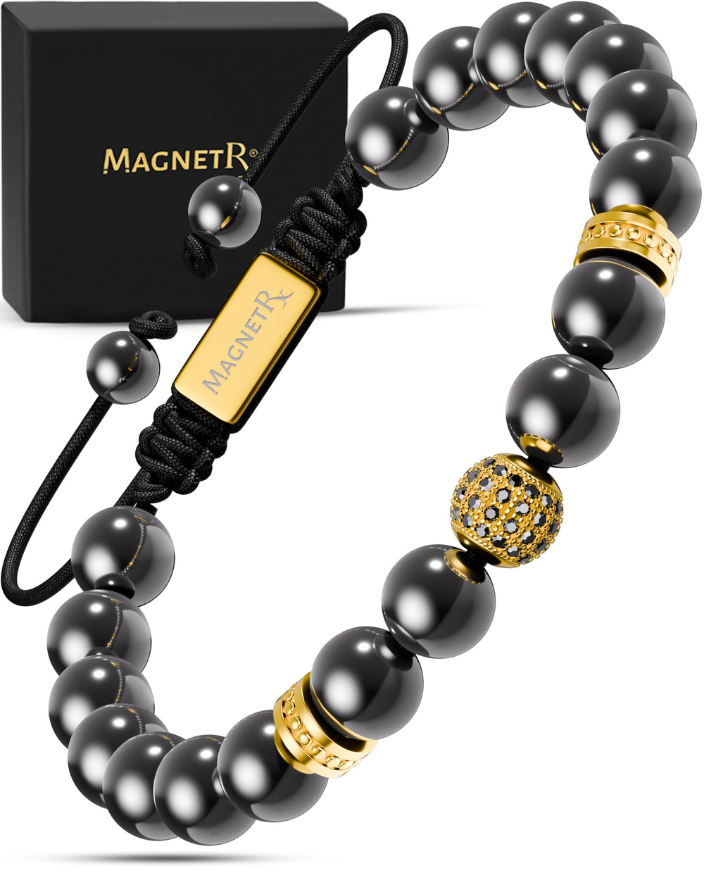 MagnetRX Gold Zeus 8mm hematite beads close-up highlighting balance-friendly magnetic bracelet