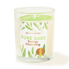 Magnificent 101 Pure Sage Energy Candle in a glass container cleanses spaces