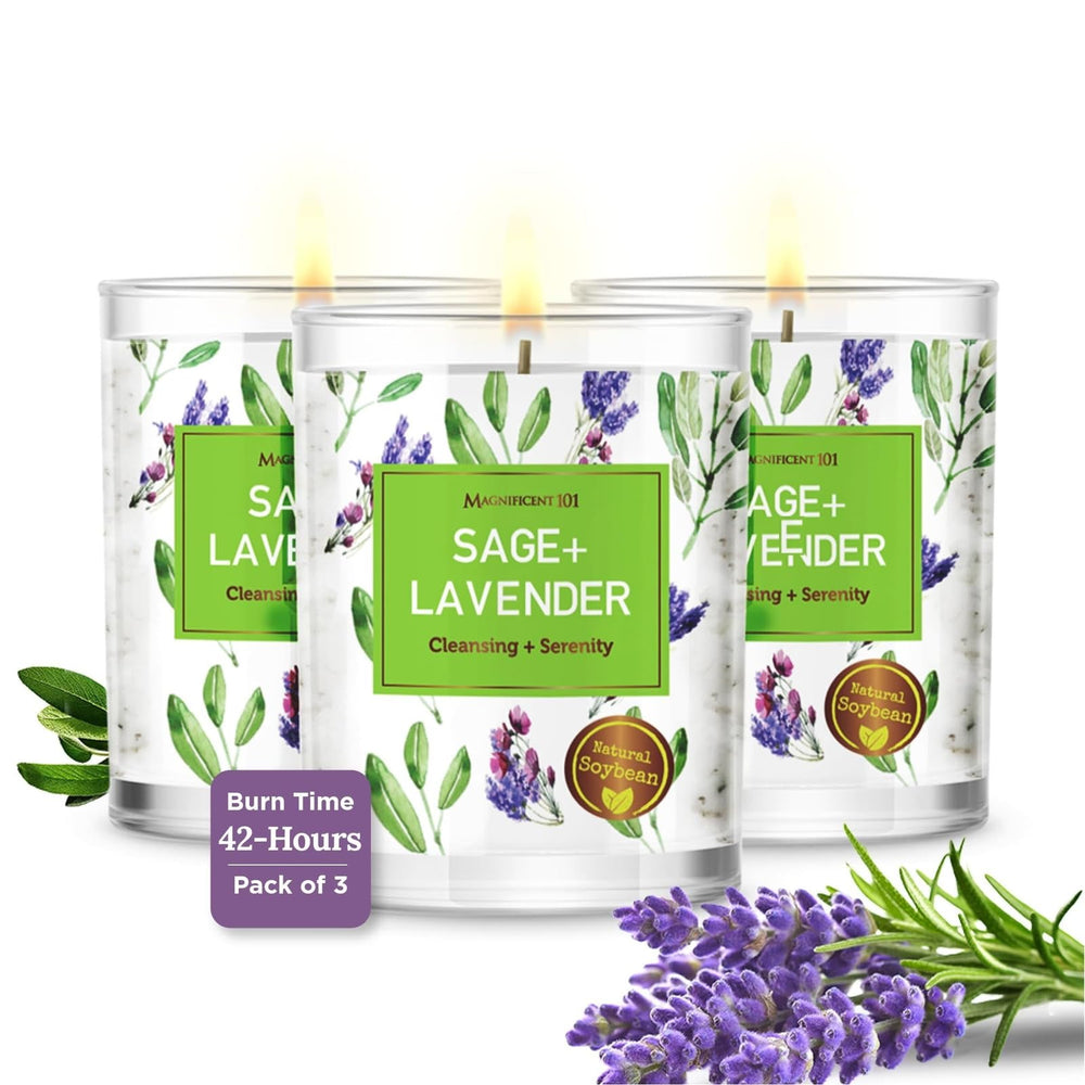 MAGNIFICENT 101 Pure Sage Lavender Candle Set displayed in jars for energy cleansing and calm ambiance.