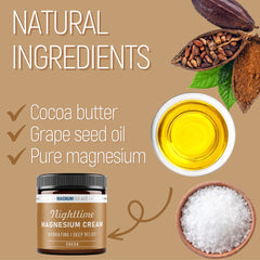 Magnum Solace Nighttime Magnesium Cream back panel with ingredients and usage guidance.