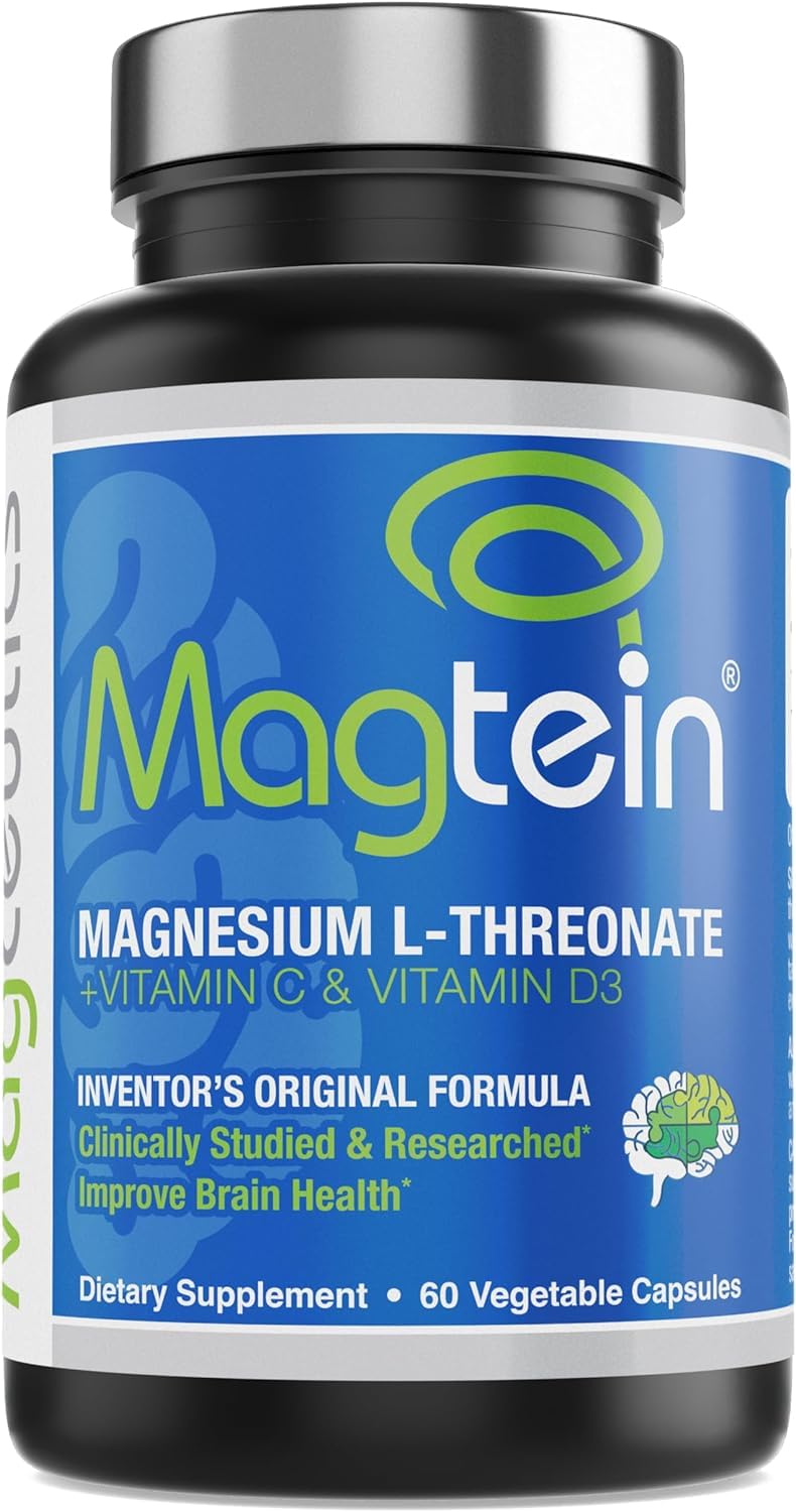 Magtein bottle label close-up displays the patented brain-support formula.