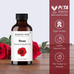 Aceite rosa Majestic Pure en frasco ámbar para proteger la pureza