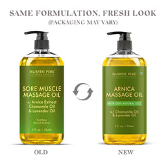 Majestic Pure Arnica Massage Oil label close-up with lavender and chamomile for calming routine.