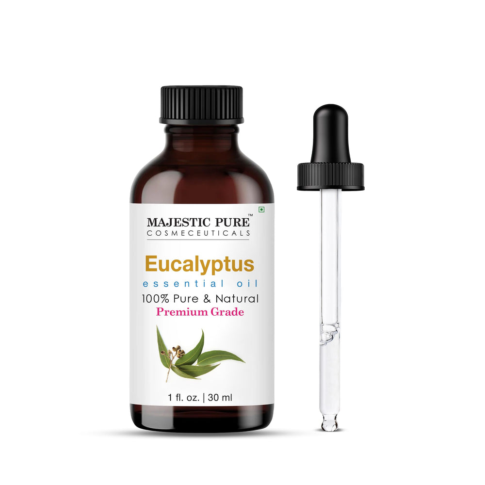 Majestic Pure eucalyptus oil in amber bottle with dropper for precise diffusing