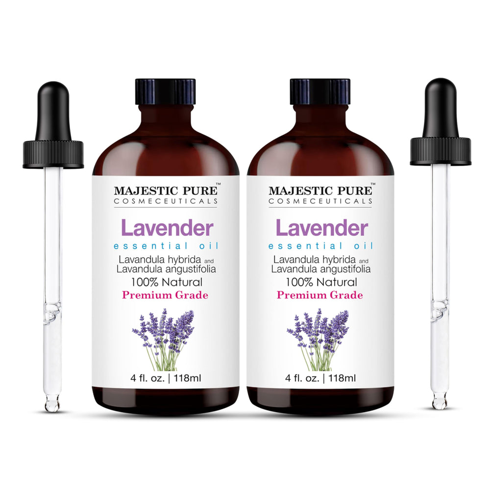Majestic Pure lavender oil bottle in amber glass preserves purity and aroma.