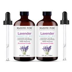 Majestic Pure lavender oil bottle in amber glass preserves purity and aroma.