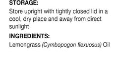 Majestic Pure lemongrass oil label close-up confirms purity and batch details.