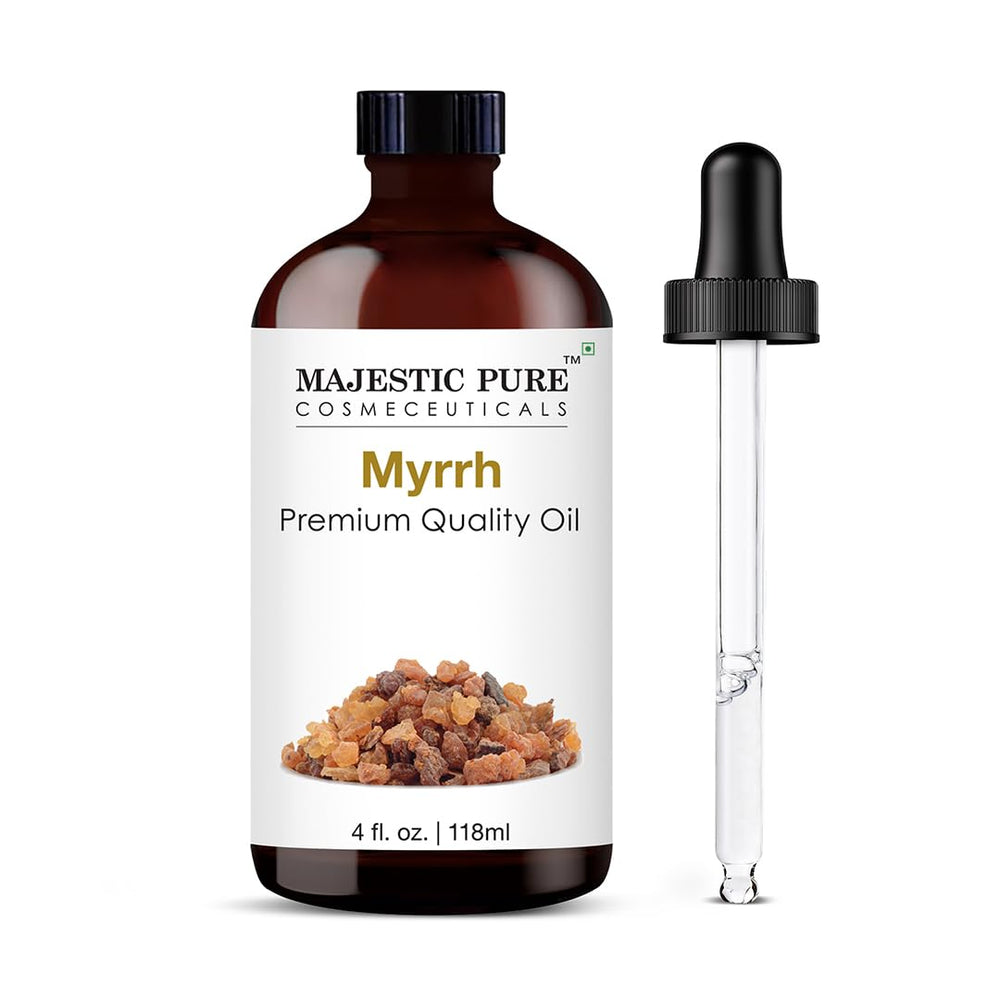 Majestic Pure Myrrh oil bottle in amber glass protecting potency for diffusers