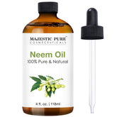Majestic Pure Neem Oil bottle closeup shows purity for aromatherapy use.