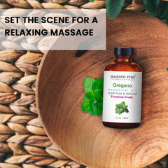 Close-up of Majestic Pure Oregano oil highlights rich herbal aroma.