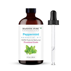 Majestic Pure peppermint oil bottle with dropper for precise dosing and diffusion.