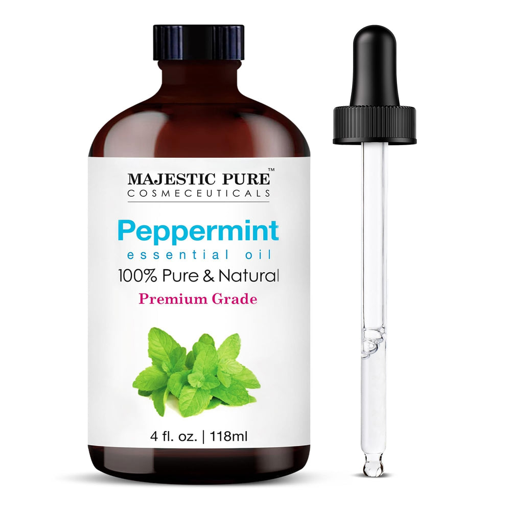 Majestic Pure Peppermint Oil in a glass bottle with dropper for precise usage.