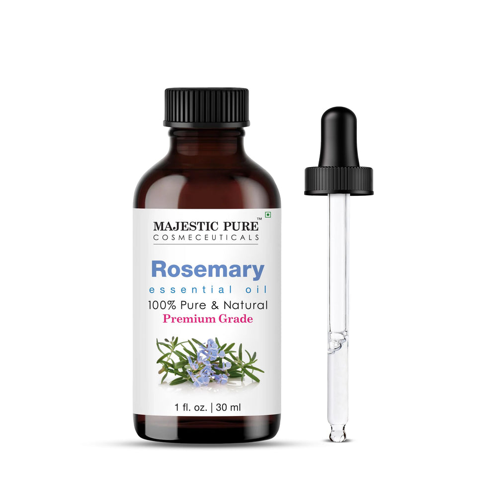 Majestic Pure rosemary oil bottle with dropper, ideal for diffusers and hair care.