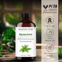 Amber glass bottle of Majestic Pure Spearmint oil protects aroma from light.