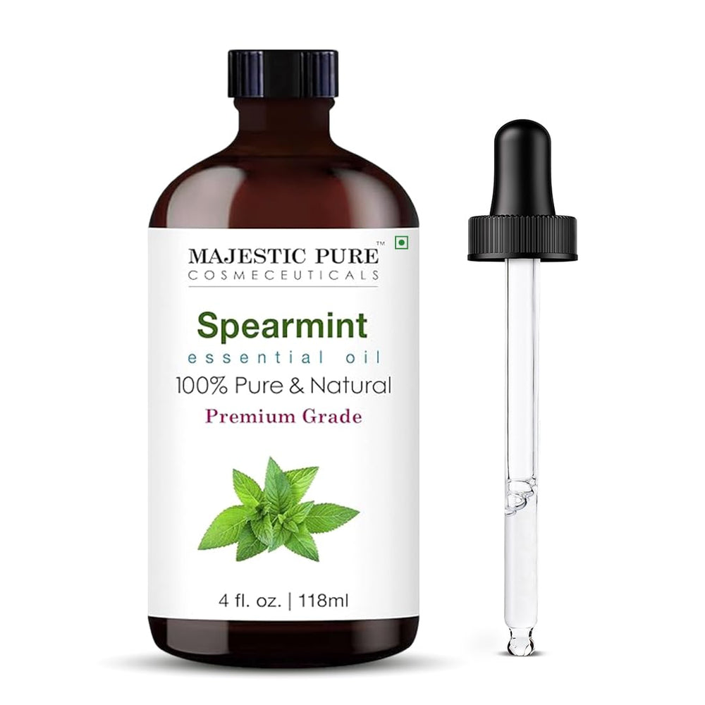 Majestic Pure Spearmint essential oil bottle with dropper for precise dosing and diffuser use.