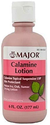 MAJOR Calamine Lotion bottle showing cooling relief for irritated skin.