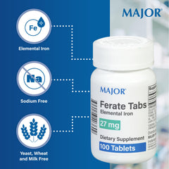 MAJOR Ferate Tabs bottle back label highlights iron content and ingredients