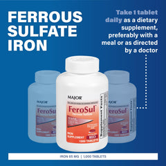 Close-up of Major FeroSul tablet showing coating and iron content.