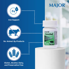 MAJOR Ferosul: tableta de hierro elemental para apoyar el transporte de oxígeno.