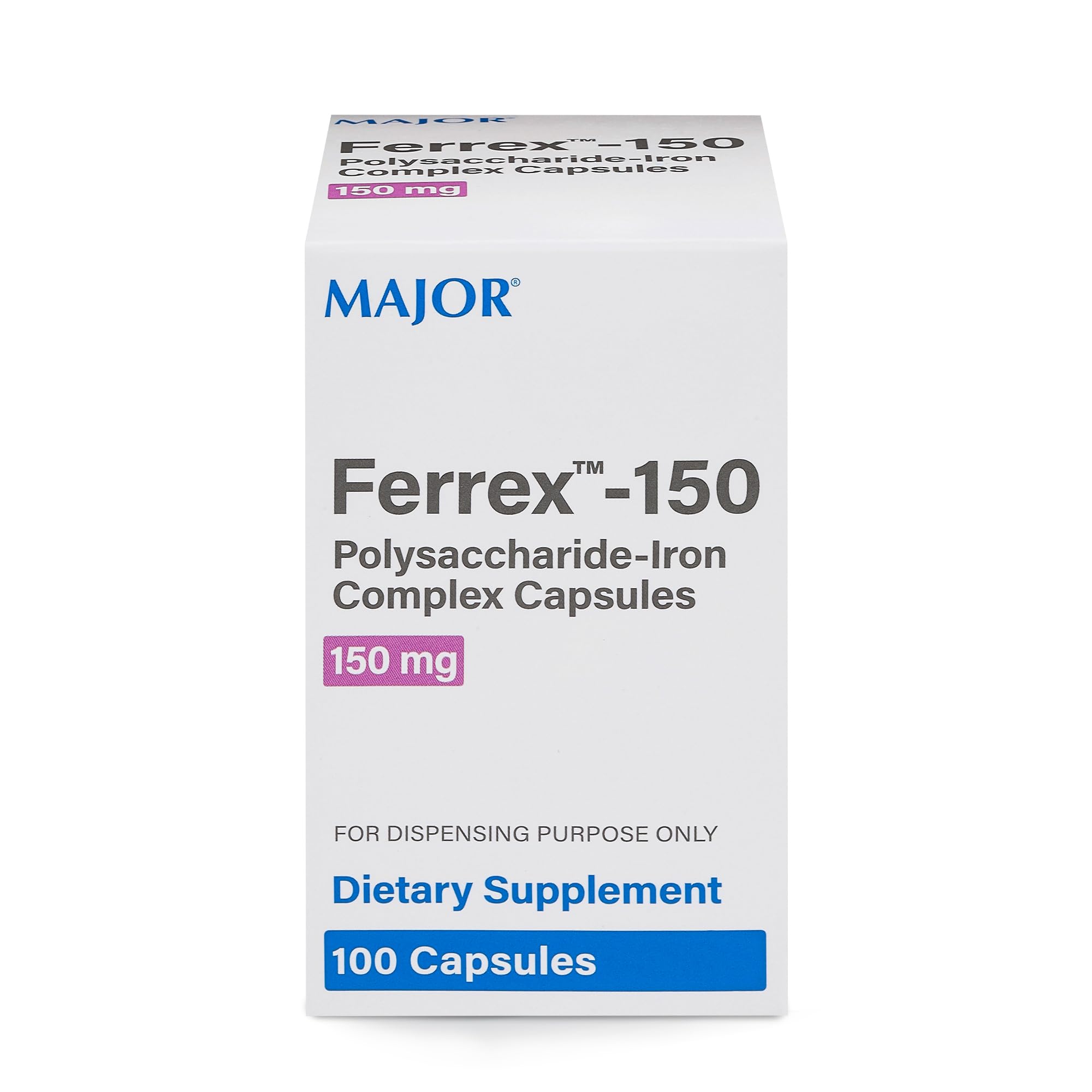MAJOR Ferrex-150 en empaque blister, presentacion practica de hierro para uso diario.