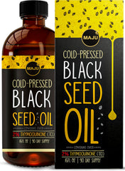 MAJU Black Seed Oil 16oz bottle front, premium packaging for daily wellness.