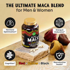 Maju Maca label highlights black pepper extract for enhanced absorption.