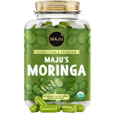 Maju Superfoods Moringa capsules packaging close-up highlighting premium quality