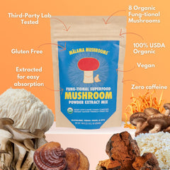 Malama Mushrooms 8-Mushroom Extract Powder in a tea cup suggesting warm beverage use