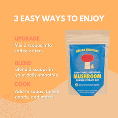 Malama Mushrooms 8-Mushroom Extract Powder close-up texture highlighting premium fruiting bodies