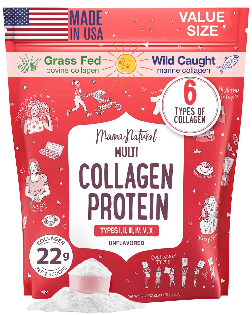 Mama Natural Multi Collagen bottle with unflavored powder for daily use and skin support