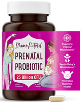 Mama Natural Prenatal Probiotics bottle closeup showcasing 25B CFU and 12 strains for gut balance during pregnancy.