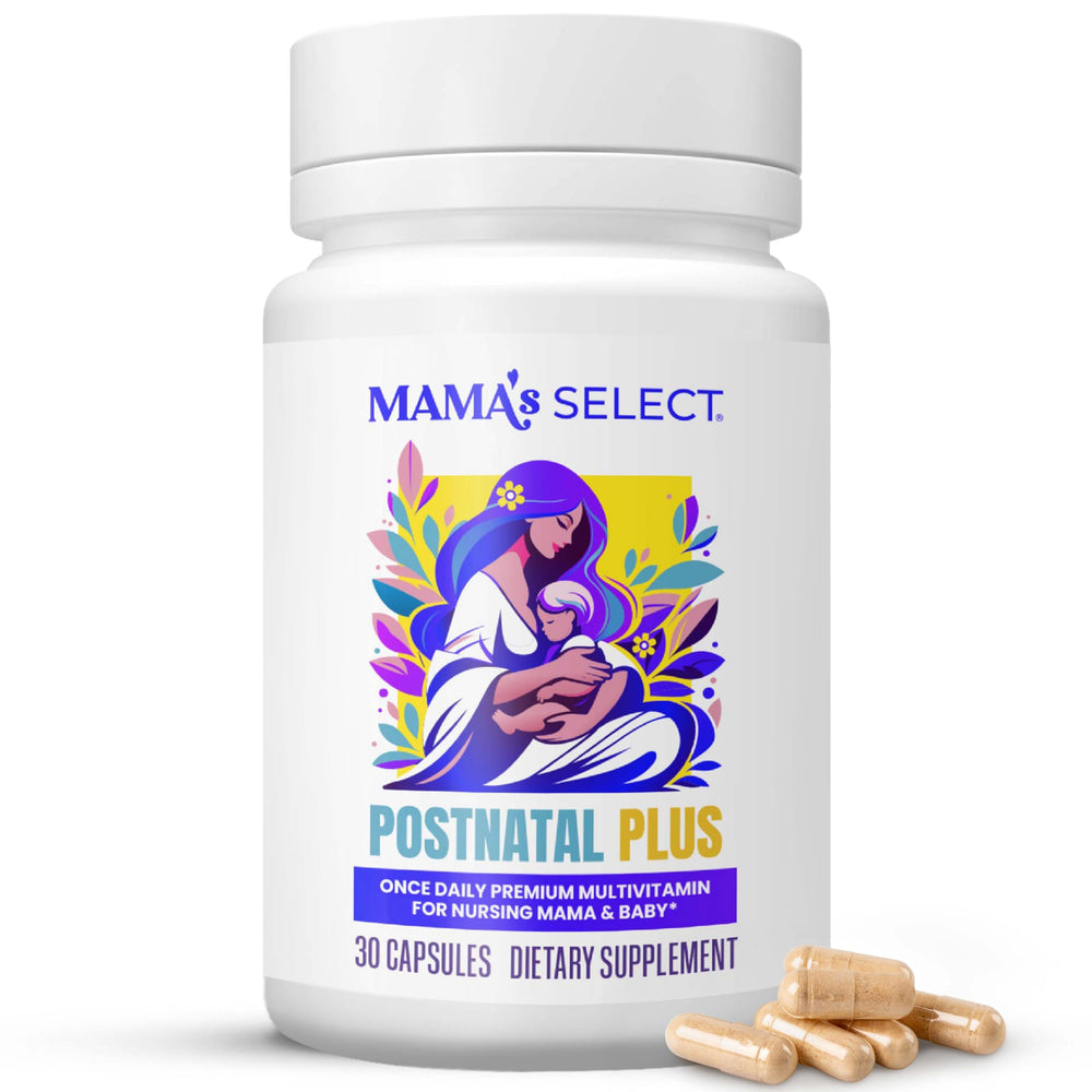 Mama's Select postnatal vitamins bottle front promotes easy daily intake after childbirth