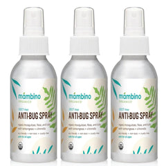 Mambino Organics Anti-Bug Spray bottle shown for outdoor use with lightweight protection.
